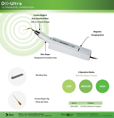 DX-Ultra ultrasonic irrigation tool with features highlighted on a white background