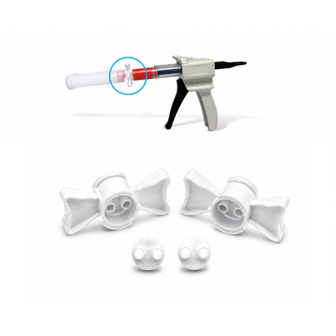 Dispenser Gun with EZ Connector attached to cartridge and EZ Connector Ribbons and Transfer Nodes