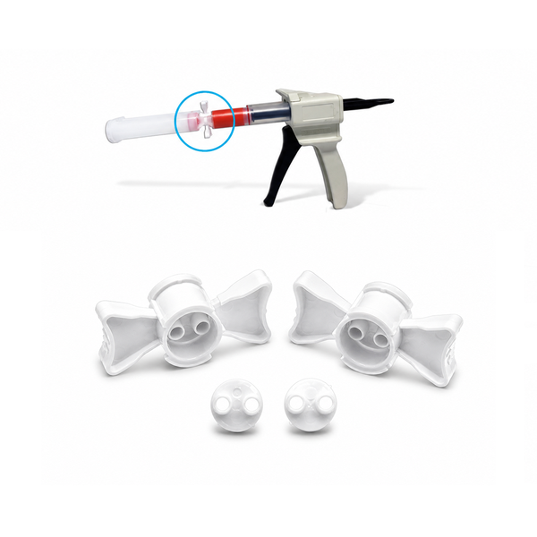 Dispenser Gun with EZ Connector attached to cartridge and EZ Connector Ribbons and Transfer Nodes