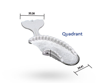 Dimensions for Quadrant bite tray. width is 34mm and grip is 35mm.