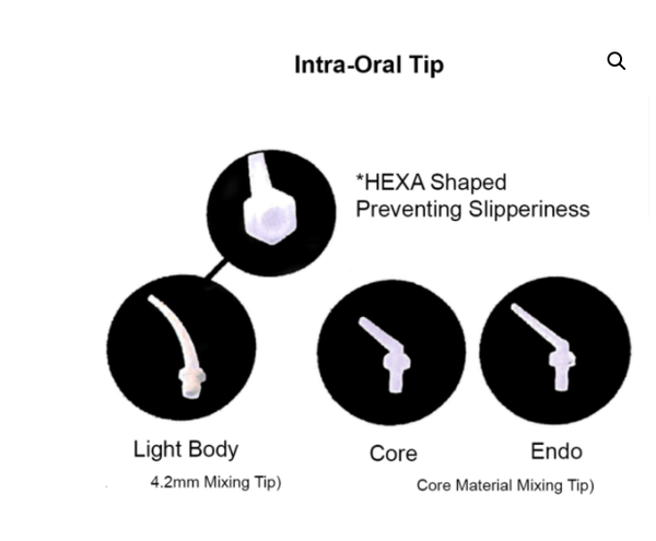 Intra oral tip for Light body mixer. Core and endo intra oral tip also displayed.