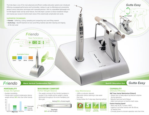 Benefits of the Friendo cordless endodontic vertical condensation pen include portability and perfect weight balance. 