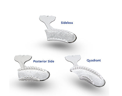 Sideless, posterior side and quadrant sizes for disposable impression bite trays.