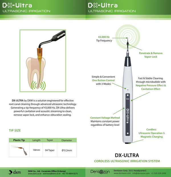 DX-Ultra ultrasonic irrigation system with features and specifications on a white background
