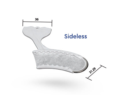 Dimensions of Sideless bite tray. Grip is 36mm and width is 31mm.