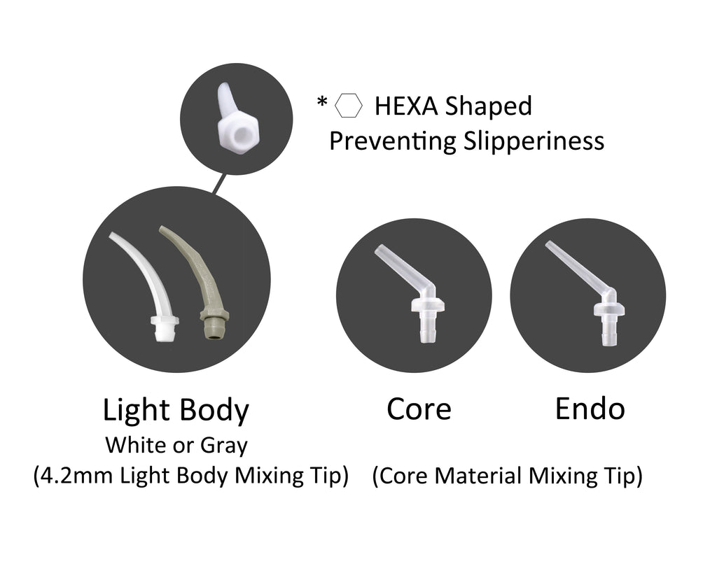 Intra oral tip for Light Body mixing tips comes in white or gray and has HEXA shaped bottom to prevent slips. Core and Endo intra oral tips for core material mixing tip. 