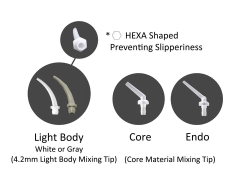 Intra oral tip for Light Body mixing tips comes in white or gray and has HEXA shaped bottom to prevent slips. Core and Endo intra oral tips for core material mixing tip. 