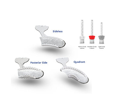 3 sizes of disposable impression bite trays and 3 sizes of 50mL mixing tips. 