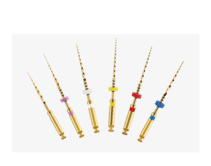6 different endodontic files color coded.